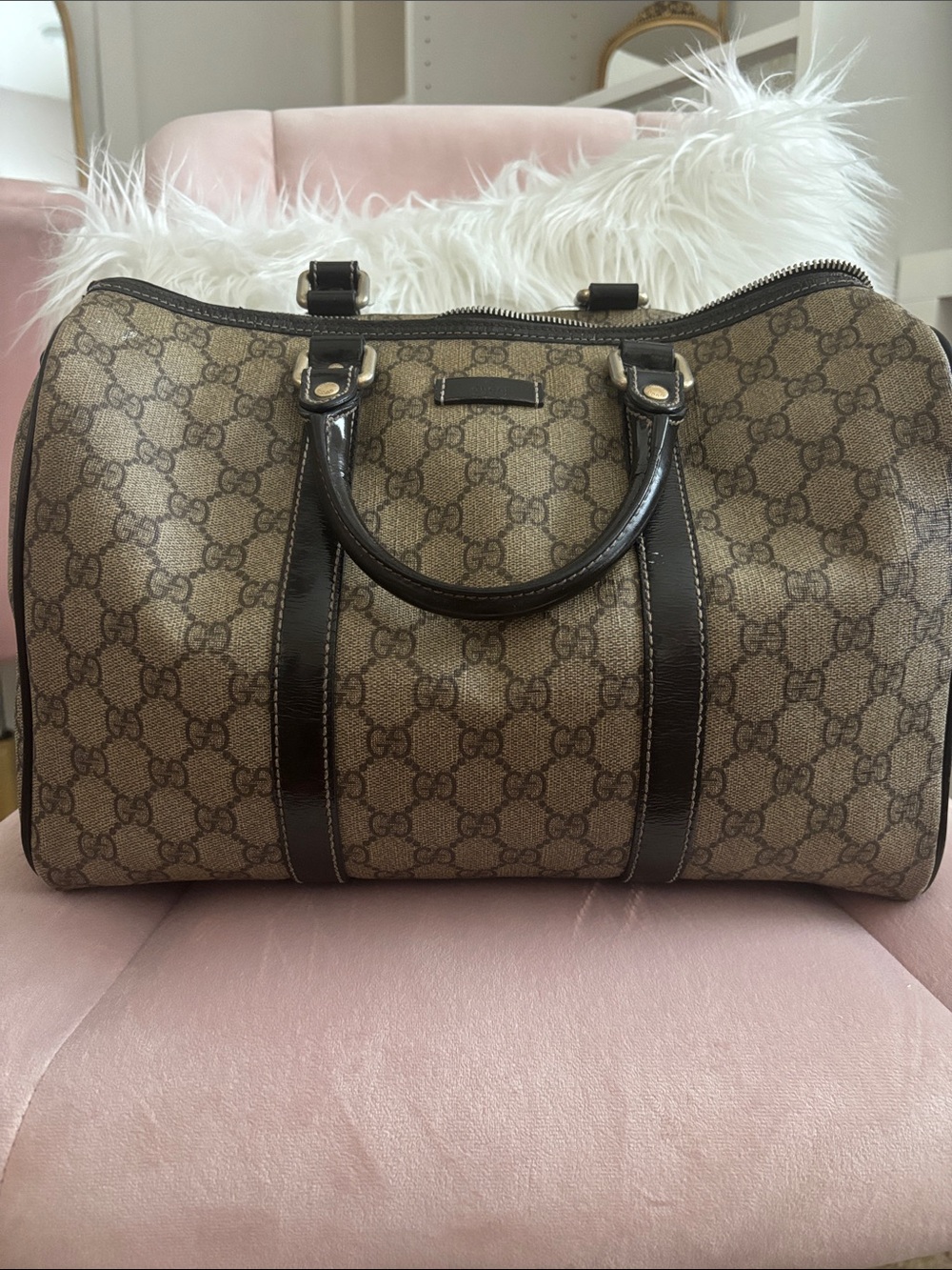 Gucci Beige GG Supreme Canvas Boston Bag with Dark Brown Leather Trim